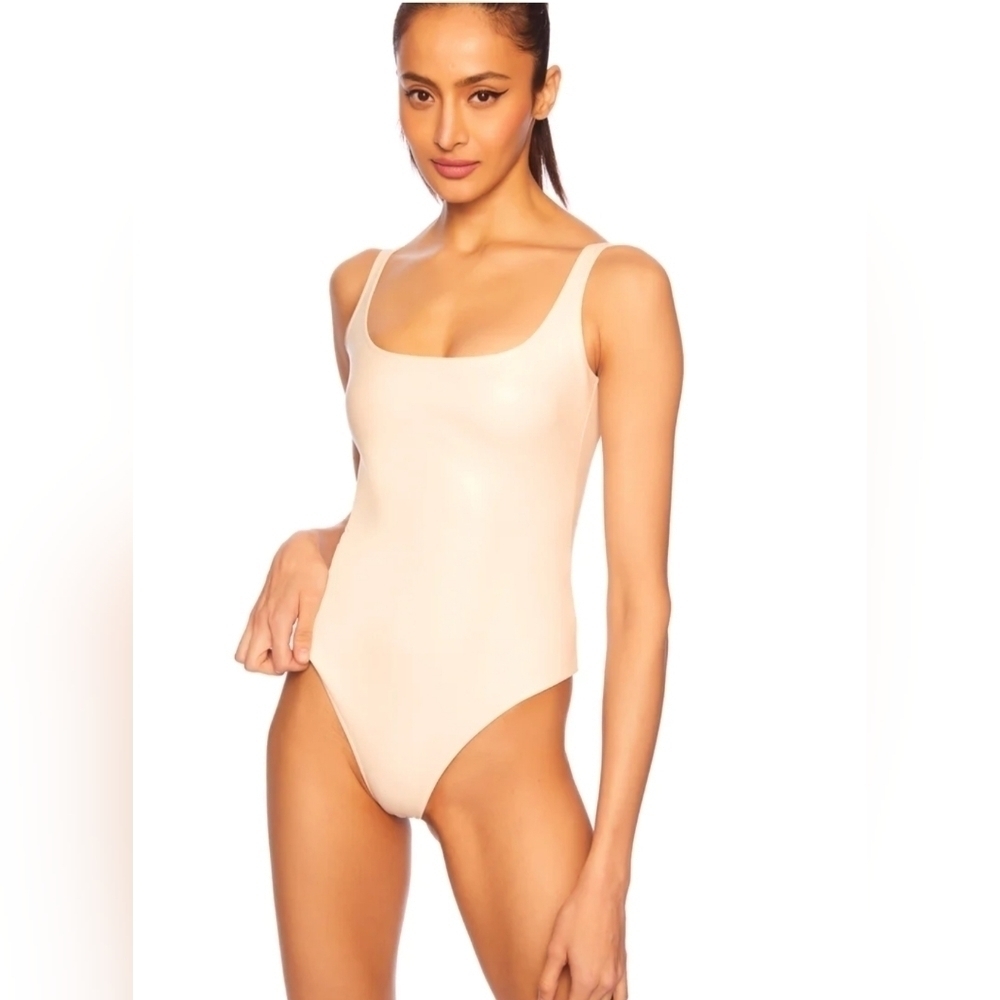 Susana Monaco Faux Leather Low Back Tank Thong Bodysuit Blanched Almond Sz M NWT